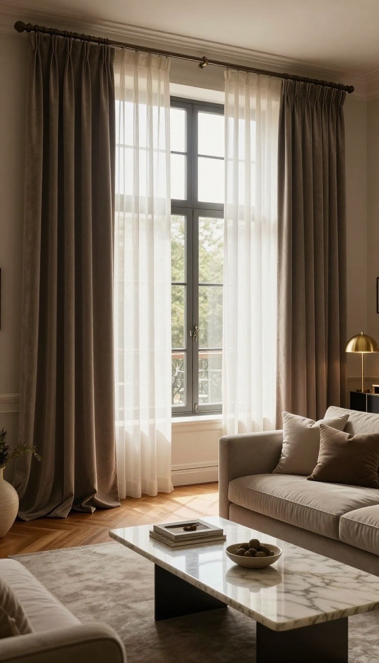 Floor-to-ceiling curtains in a luxurious living room, highlighting dramatic height and cozy elegance.