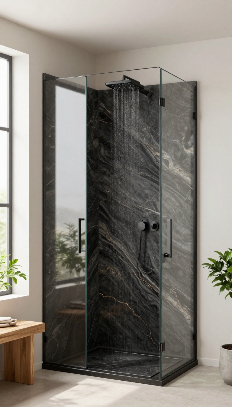 Luxurious onyx shower tray with linear drain in a modern walk-in shower, featuring dark stone and natural light