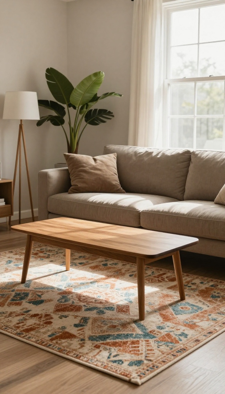 Taupe sofa on a large patterned area rug in a bright, cozy living room