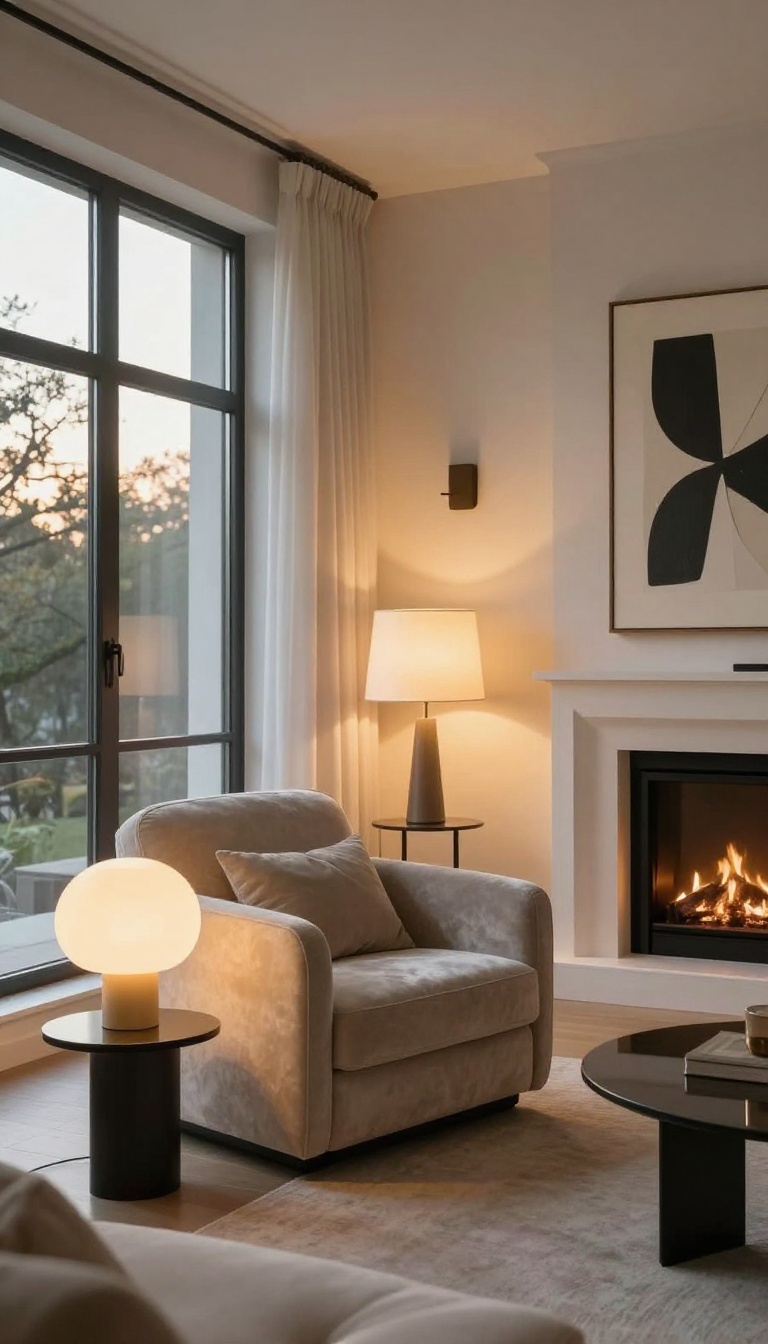 Layered lighting in a luxury living room with floor lamp, table lamp, and wall sconce creating a warm, cozy ambiance.