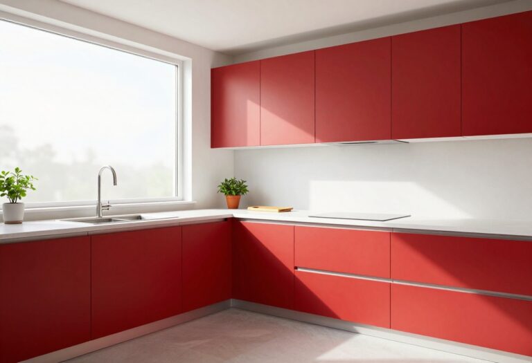 Modern kitchen with cherry red cabinets and white countertops