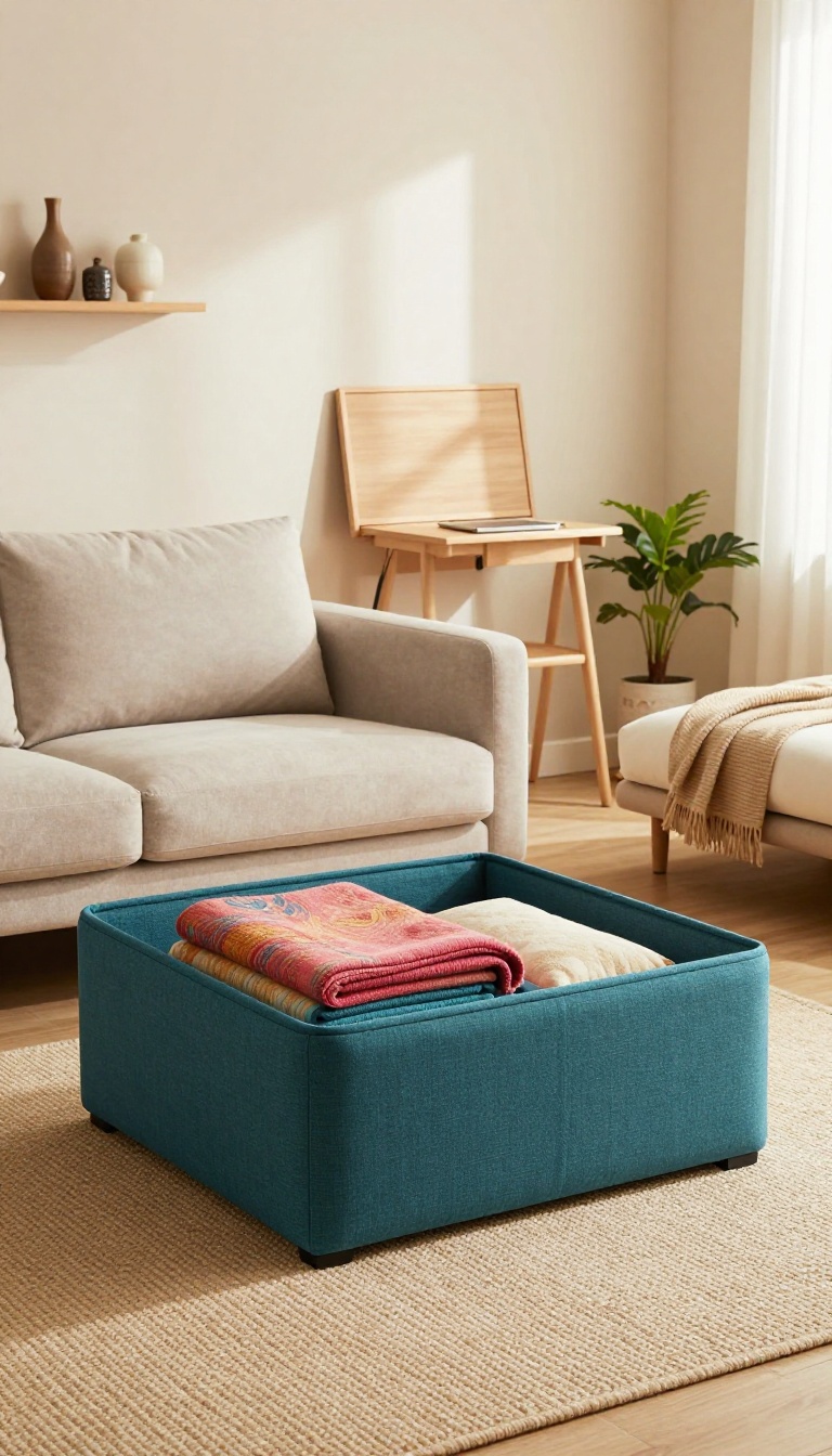 Multi-functional furniture in a small Indian living room: storage ottoman, sofa bed, and fold-down desk in a bright, cozy setting.