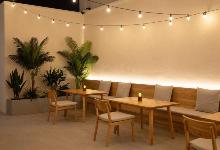 Cozy small patio with string lights and compact furniture