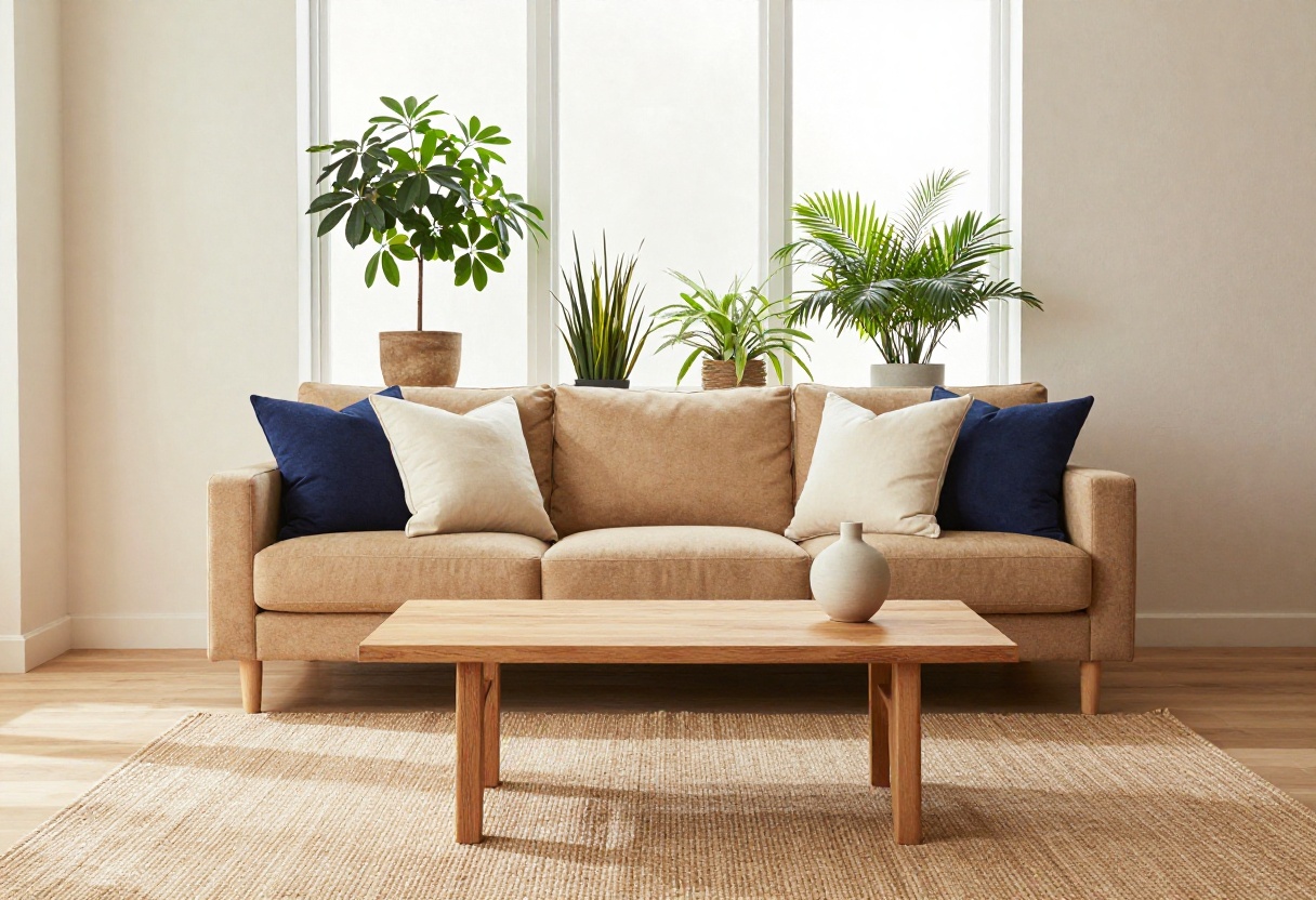 Tan couch styled with navy and cream pillows in a bright living room