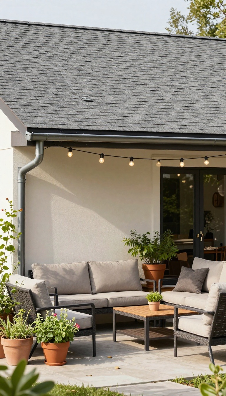 Patio with sloped roof and gutters attached to a house, showing shelter and drainage