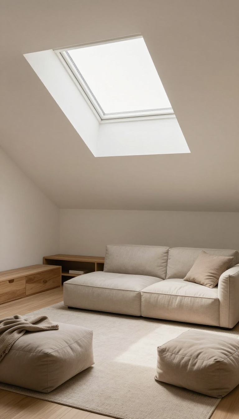 Attic living room with low-profile sofa, floor cushions, and storage benches under sloping ceilings, bright and airy