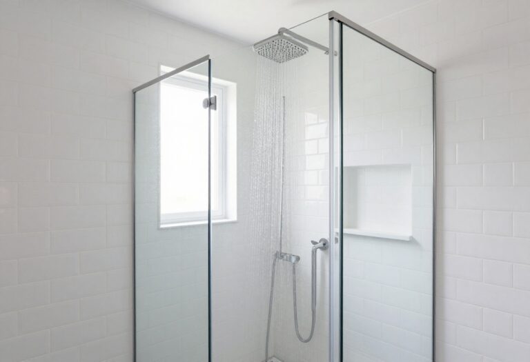 Modern standup shower with glass enclosure and rainfall showerhead in a bright bathroom