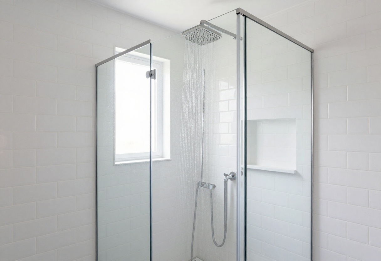 Modern standup shower with glass enclosure and rainfall showerhead in a bright bathroom