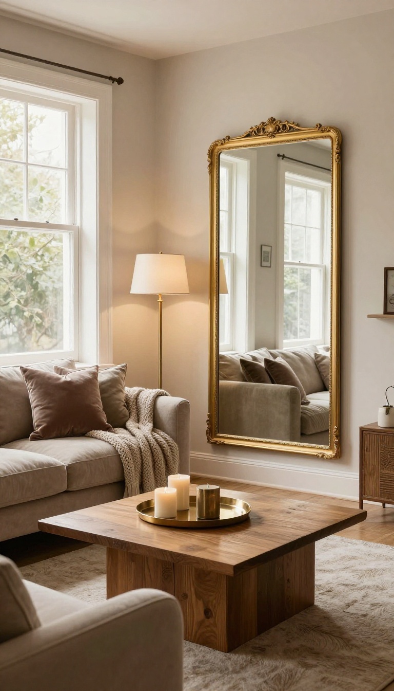 Cozy living room with brass lamp, gold-framed mirror, and velvet cushions