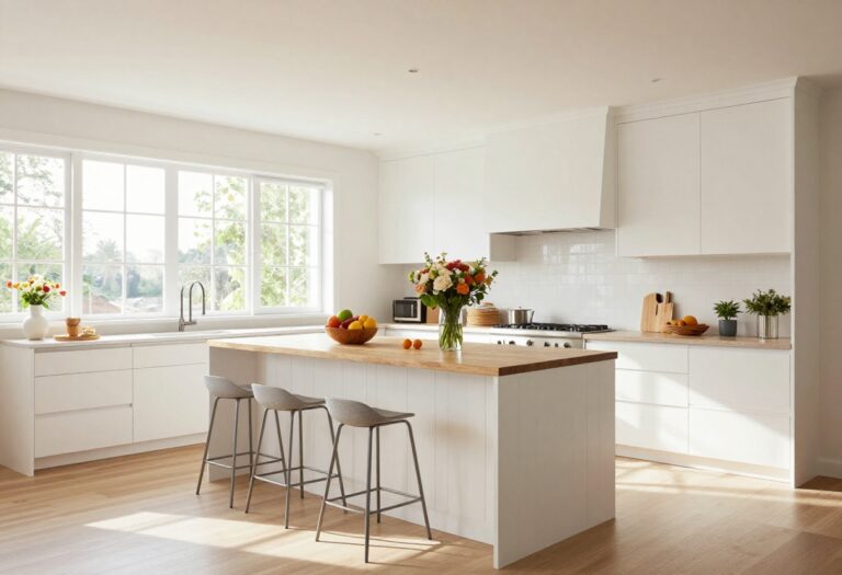 Modern kitchen island with white shiplap paneling and butcher block countertop