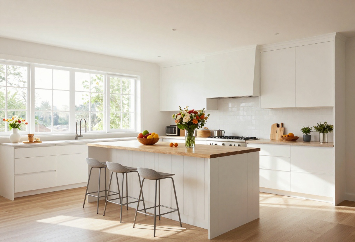 Modern kitchen island with white shiplap paneling and butcher block countertop