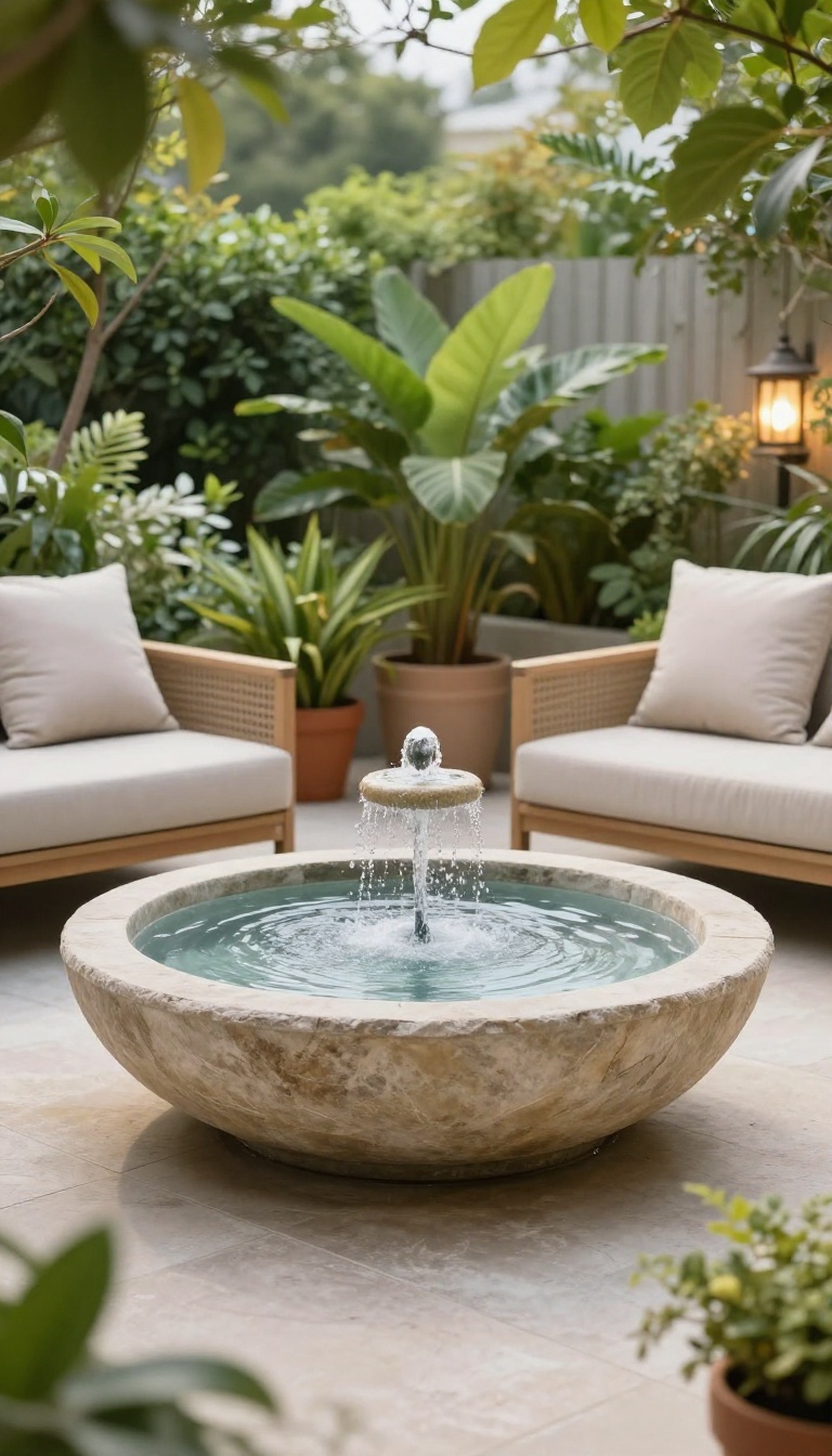 A patio with a small tabletop water fountain surrounded by plants and comfortable seating, creating a calm outdoor retreat.