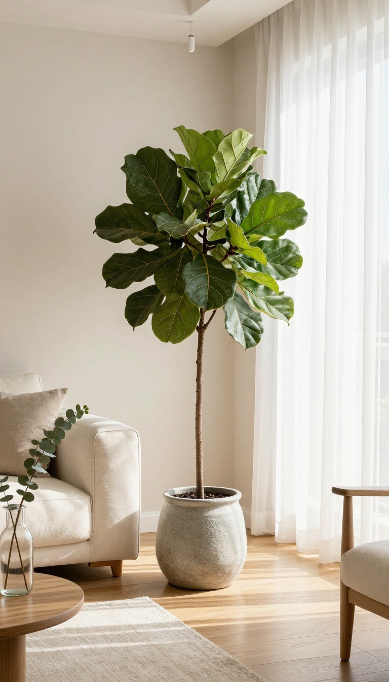 Luxury living room with a large fiddle-leaf fig plant and fresh eucalyptus stems adding natural freshness