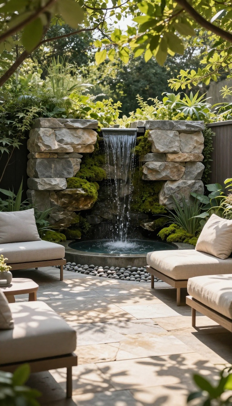 Patio with a stacked stone waterfall surrounded by greenery, creating a tranquil outdoor retreat.