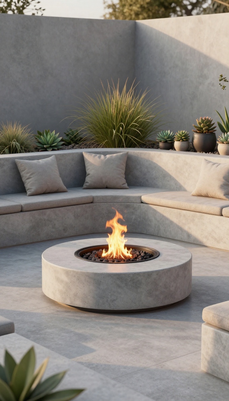 Modern concrete patio with built-in fire pit and curved seating walls, surrounded by minimalist landscaping.