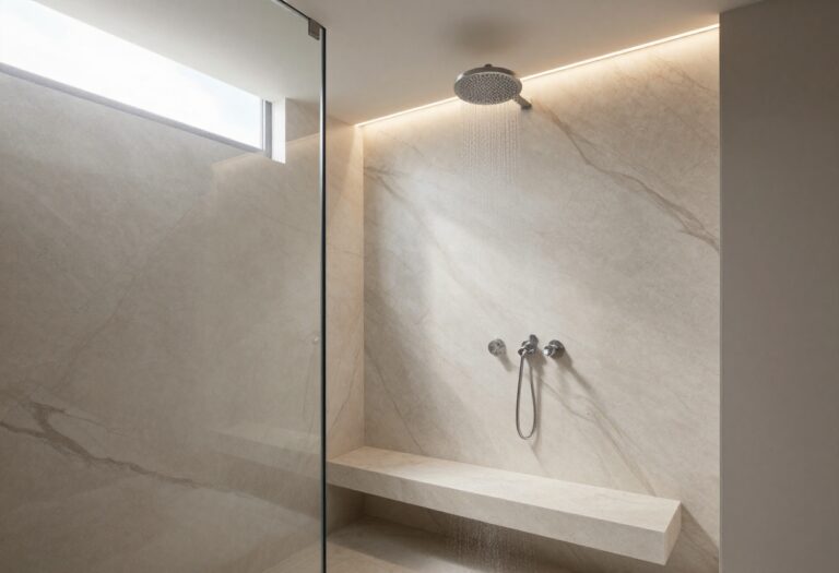 Luxurious onyx walk-in shower with backlit walls and rainfall showerhead