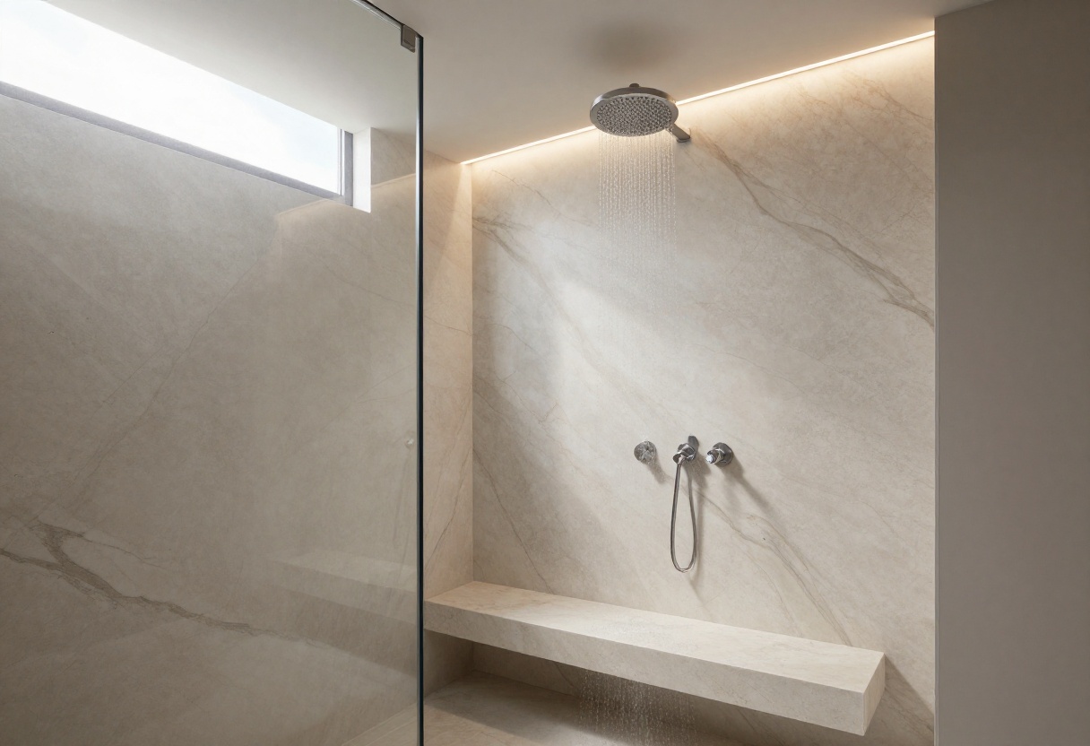 Luxurious onyx walk-in shower with backlit walls and rainfall showerhead