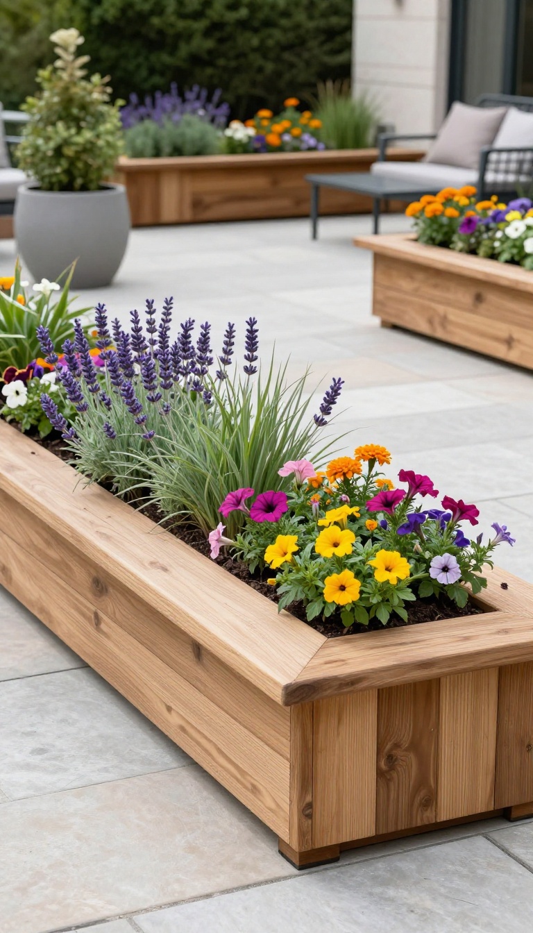 Raised planter bed framing a stone patio with colorful flowers and a wide cap for seating