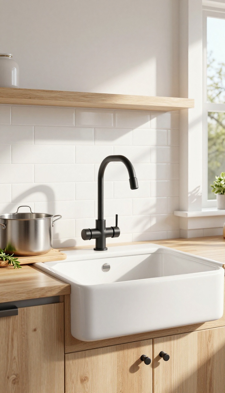 Modern farmhouse kitchen with a deep white farmhouse sink and a matte black gooseneck faucet, sunlight streaming in, stockpot in sink.