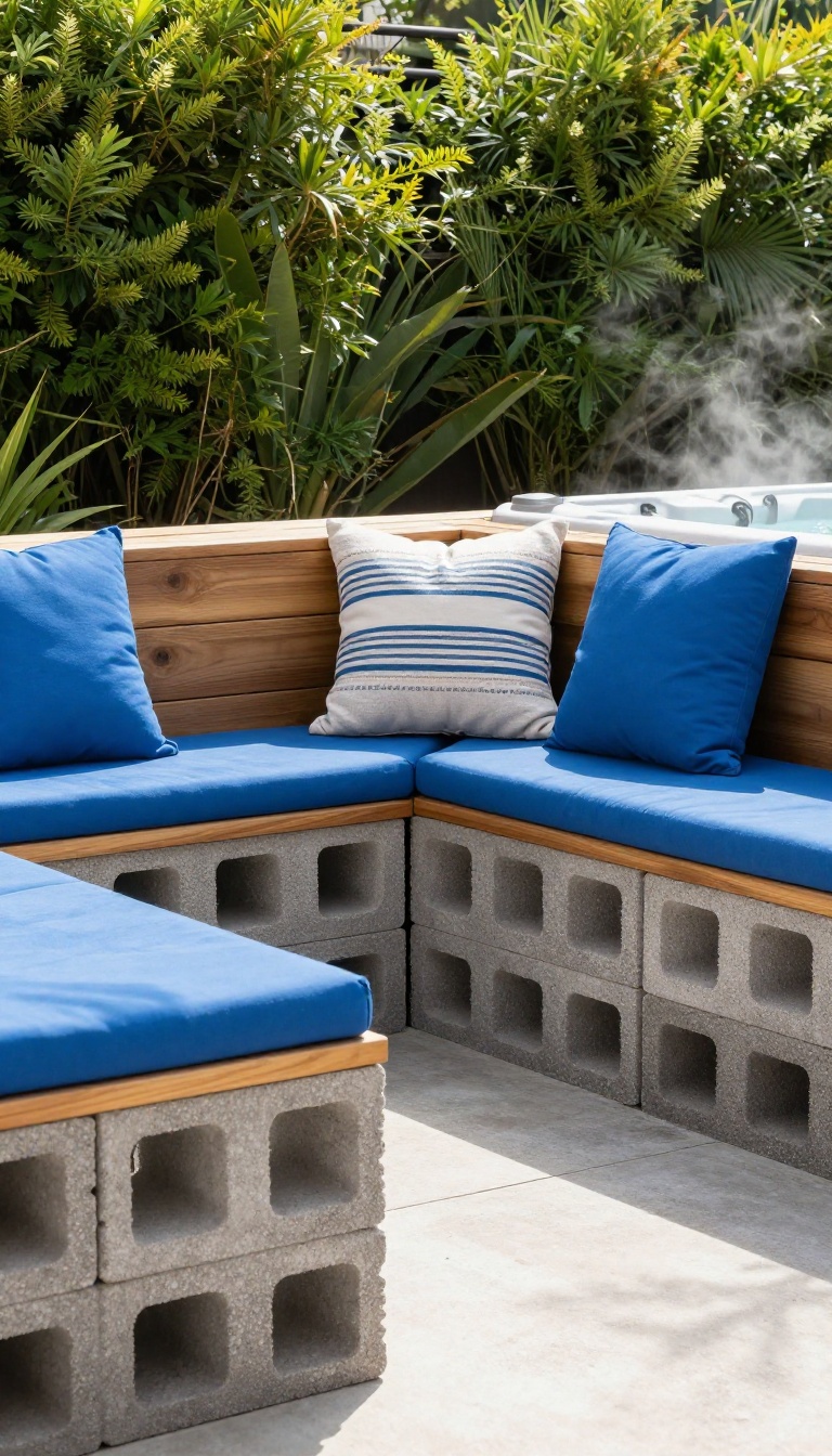 DIY cinder block seating with cushions next to a hot tub in a sunny backyard