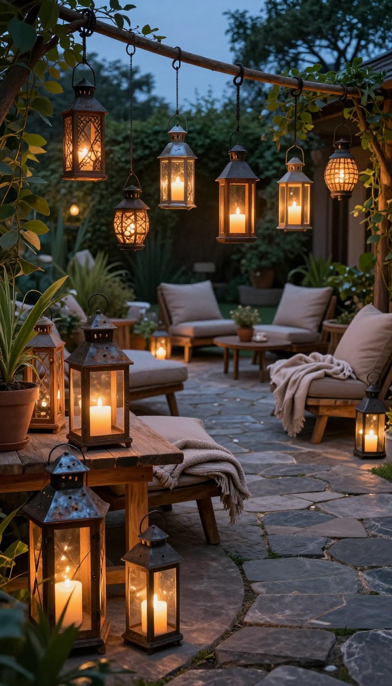 Patio decorated with warm lantern lighting at dusk