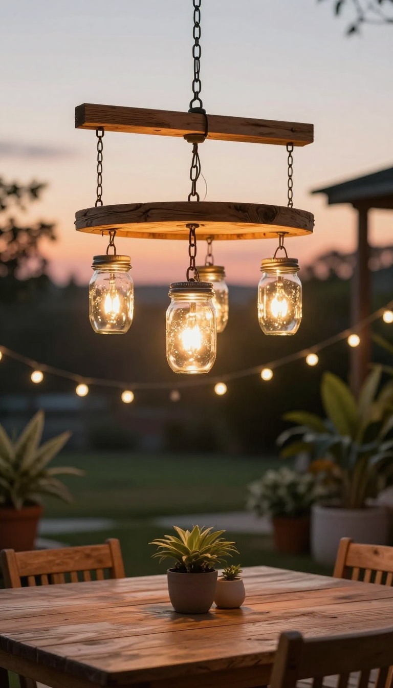 DIY mason jar chandelier hanging over a patio dining table, casting a warm glow