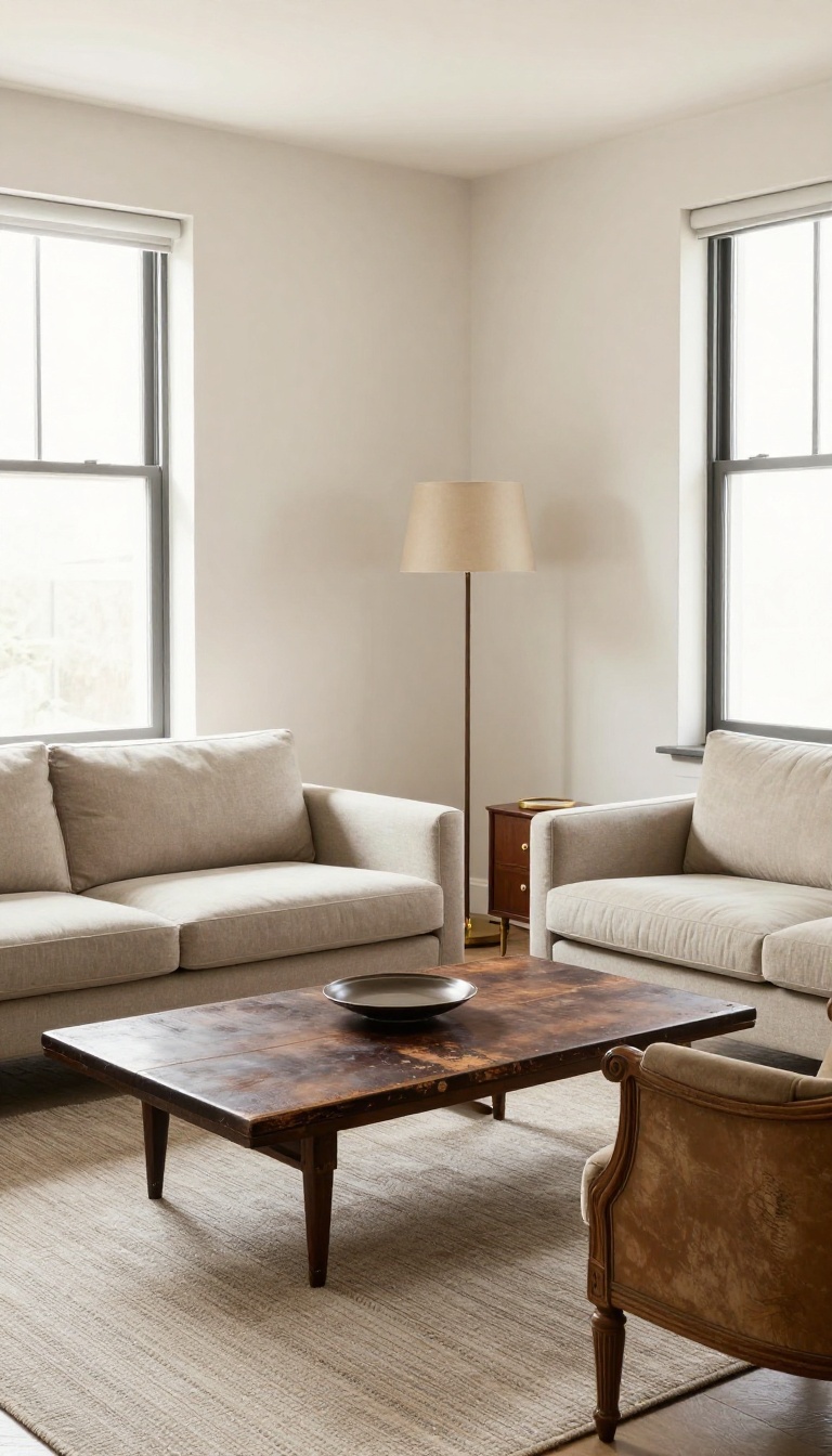 A cozy living room with a modern sofa, vintage coffee table, and antique armchair, blending old and new styles in warm natural light.