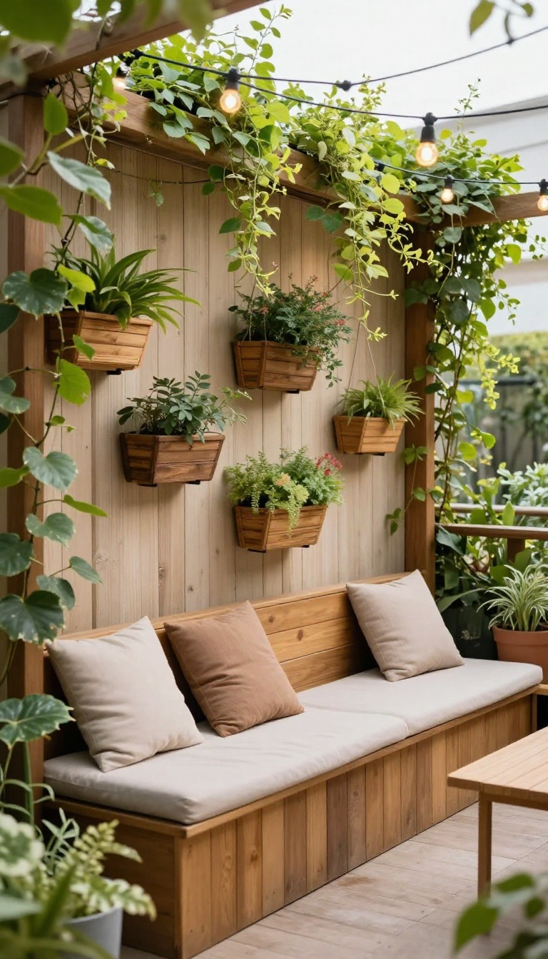 Vertical garden on a patio fence with hanging plants and cozy seating