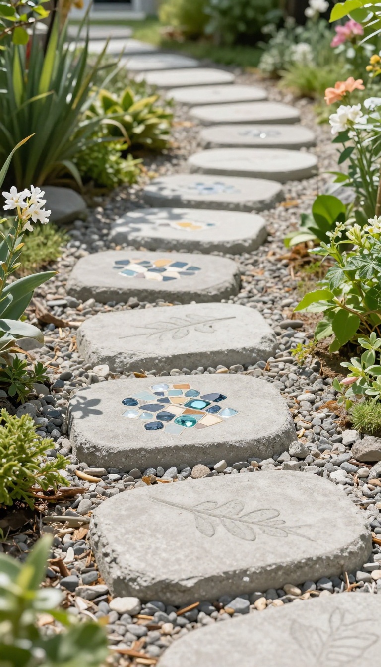 Handmade concrete stepping stones with mosaic and leaf imprints along a garden path