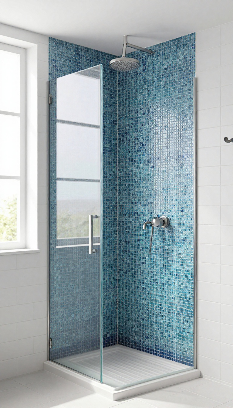 Modern standup shower with a blue and teal glass mosaic tile accent wall, white subway tile, and rain showerhead in natural light
