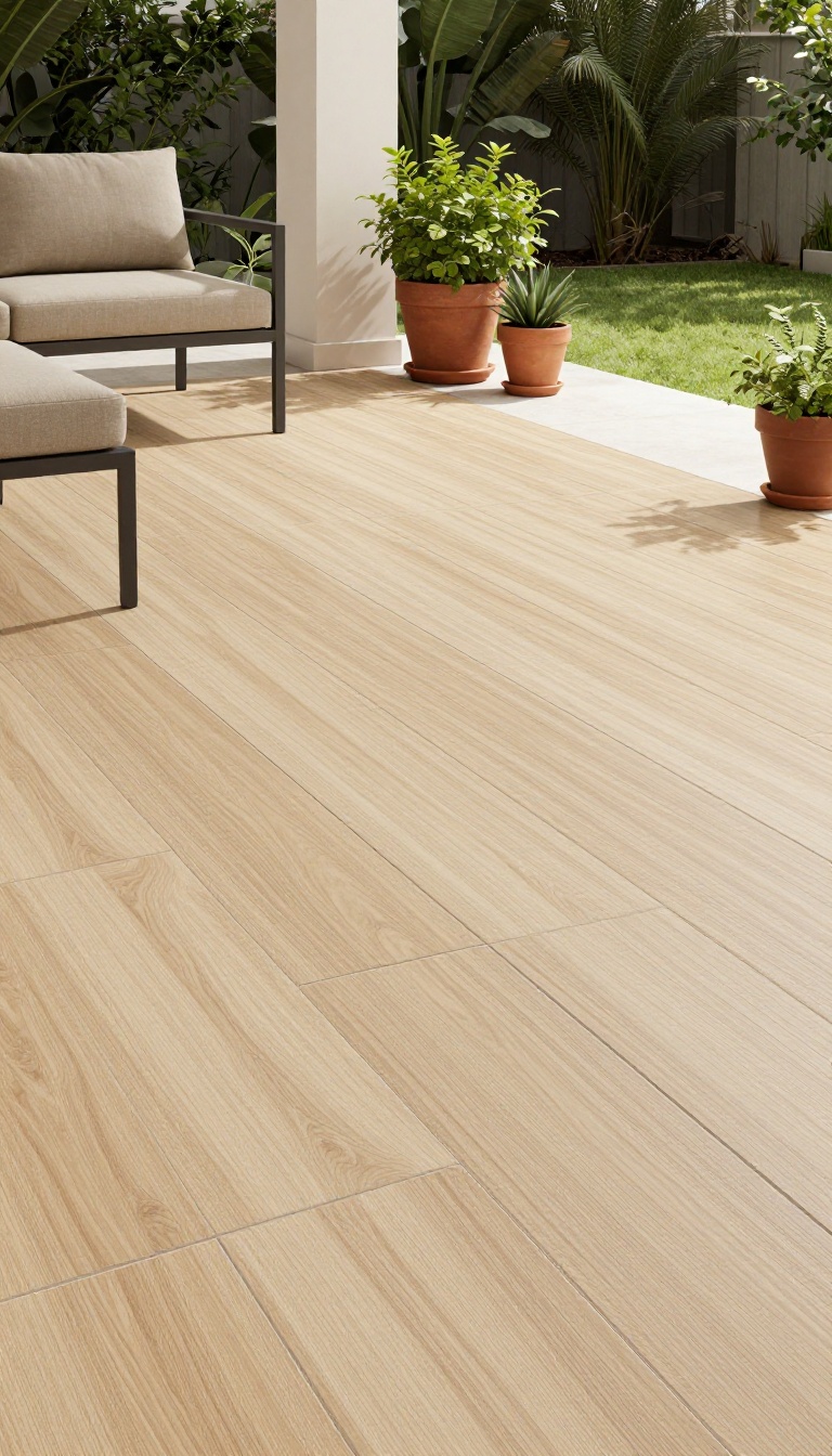 A modern patio with large-format wood-look porcelain tiles laid diagonally, surrounded by potted plants and outdoor furniture in bright natural light.