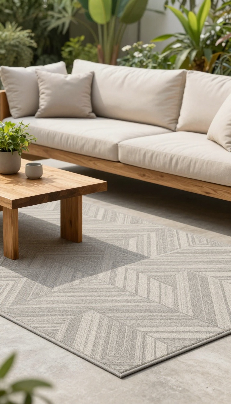 Outdoor patio with soft gray and beige carpet tiles, cozy seating, and plants in natural light