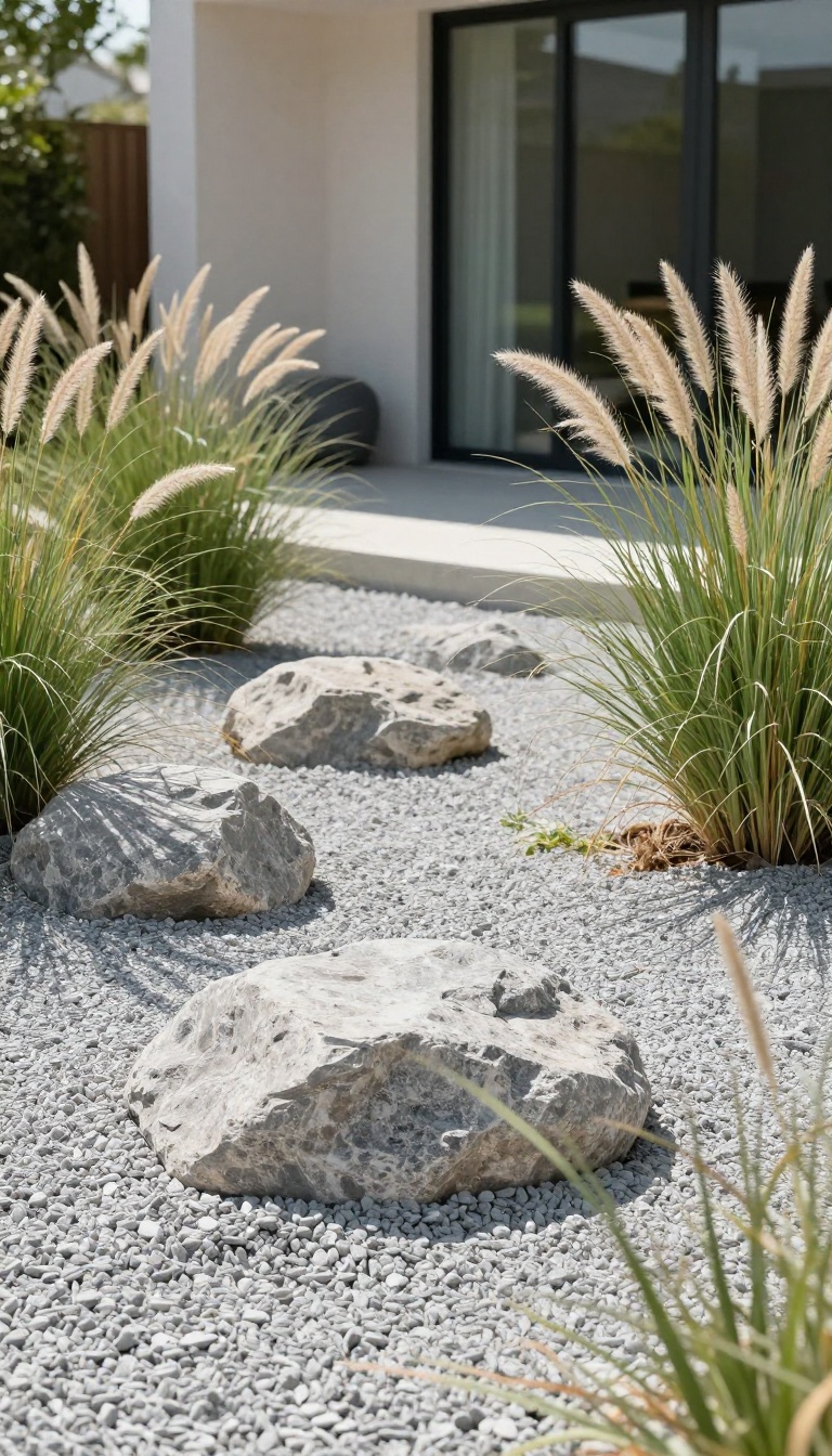 Gravel patio with large boulders and ornamental grasses in a modern arid landscape