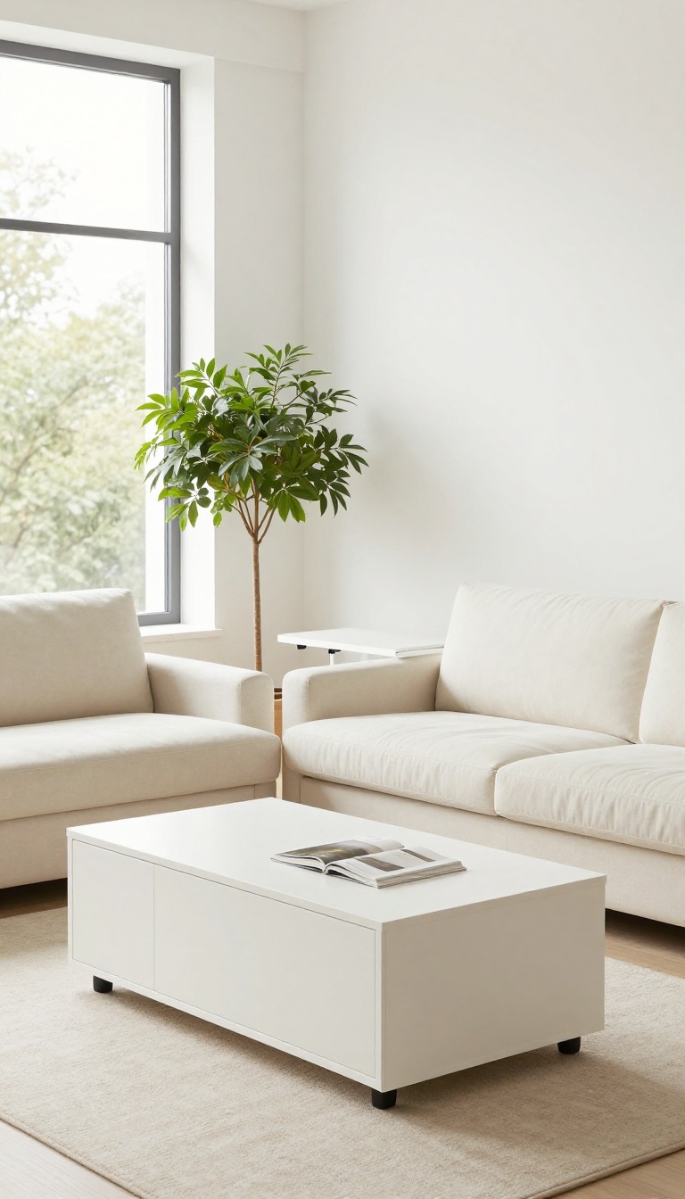 College living room with multi-functional furniture including a storage ottoman, foldable desk, and futon.