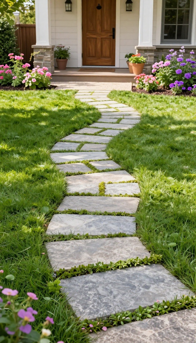 A charming front yard walkway with flagstone stepping stones curving through a green lawn, leading to a cozy front porch with flowers and soft morning light.