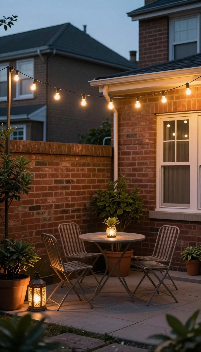 Small townhouse patio with string lights creating a warm ambiance at dusk