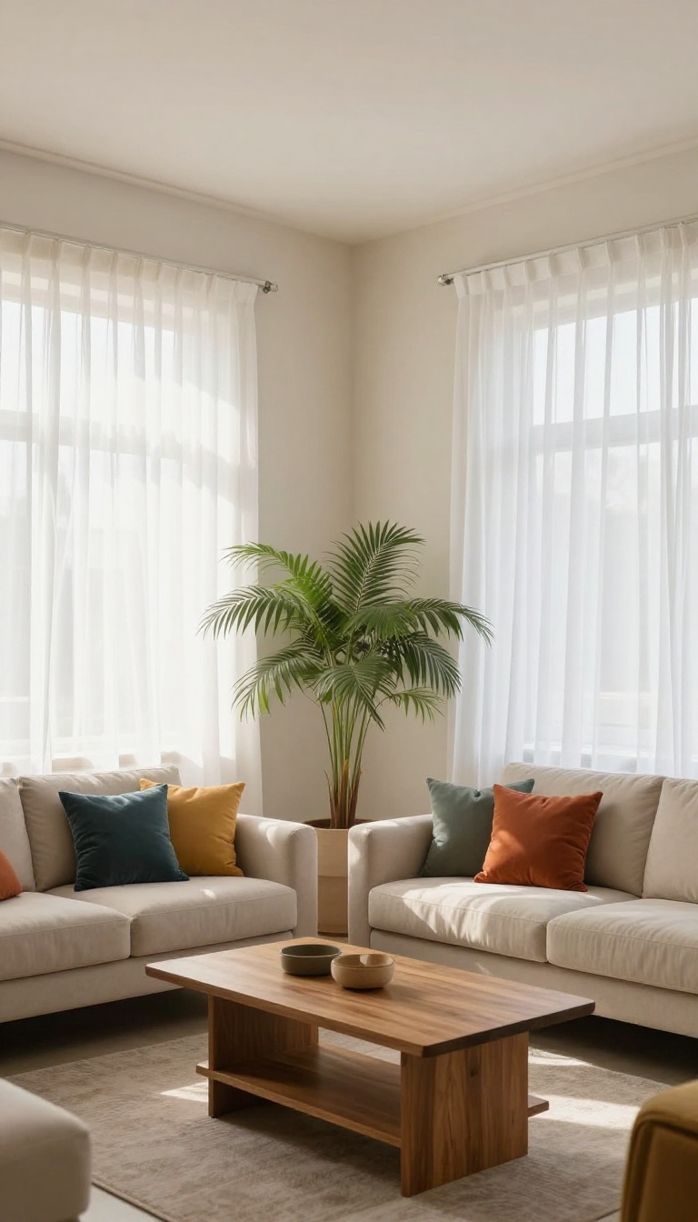 Bright Indian living room with sheer white curtains letting in natural light