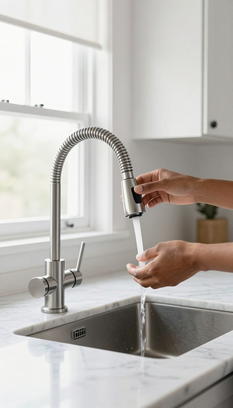 Commercial-style kitchen faucet with spring pull-down sprayer in action, highlighting its professional design and functionality.