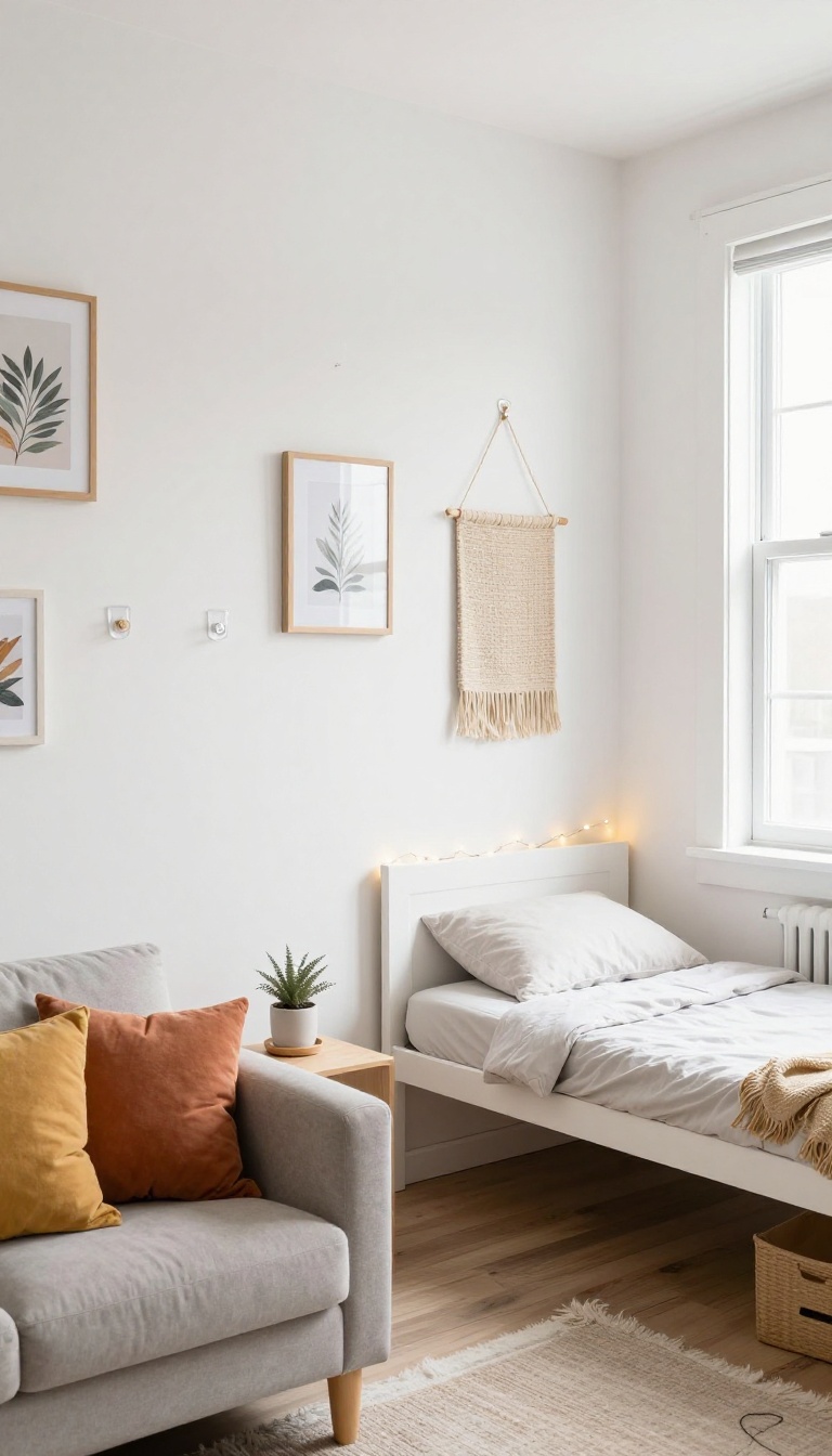 College living room with wall art hung using command hooks, no damage, bright natural light