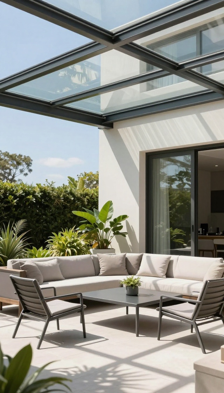 Modern patio with glass roof and built-in shade blinds, partially closed, allowing soft sunlight to filter through, with contemporary furniture and plants.