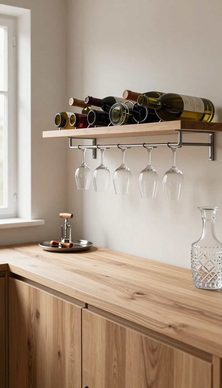 Kitchen sideboard styled as a wine bar with bottle racks and hanging stemware