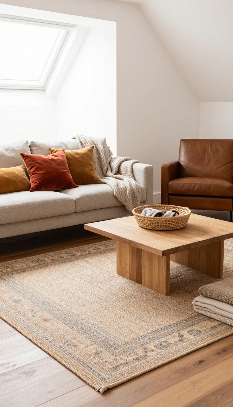 Attic living room with layered rugs, chunky knit throw, and velvet pillows creating a warm, textured space