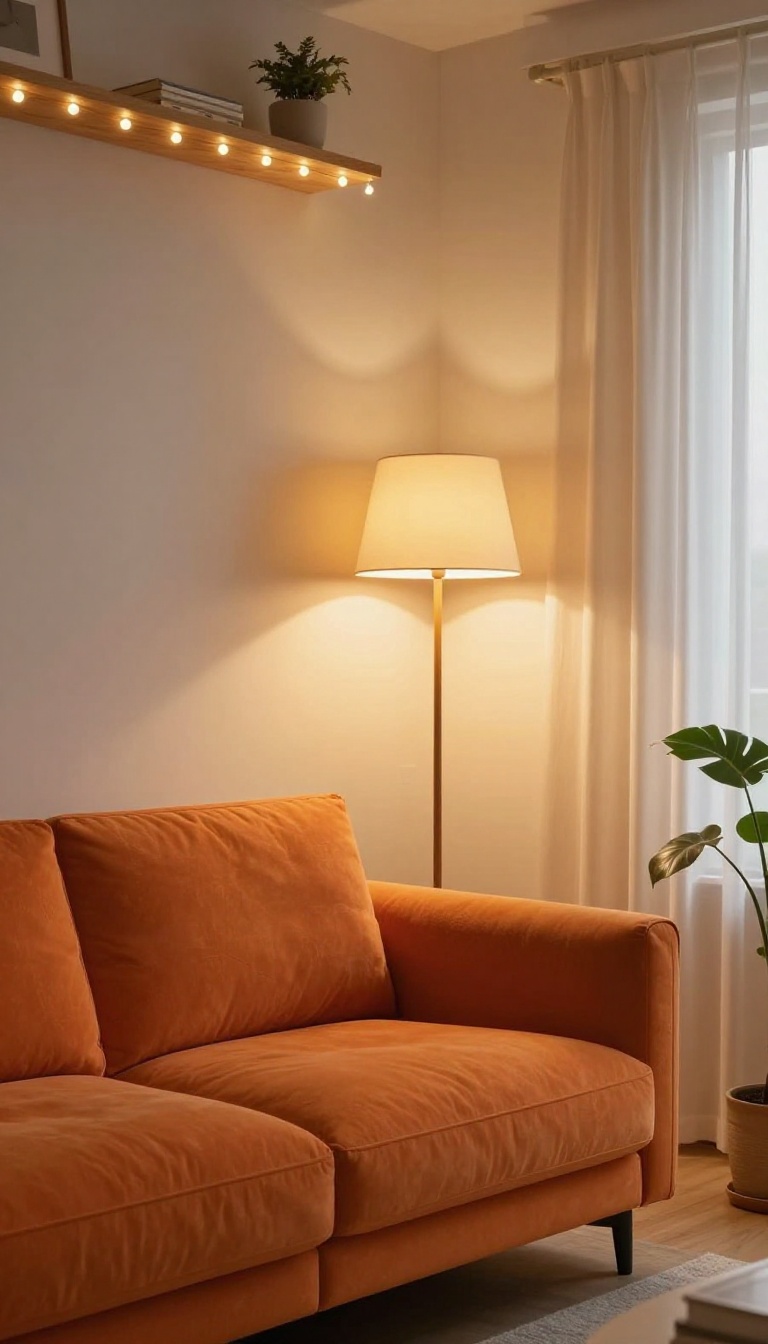 Orange couch in warm ambient lighting with floor lamp and string lights, cozy living room atmosphere