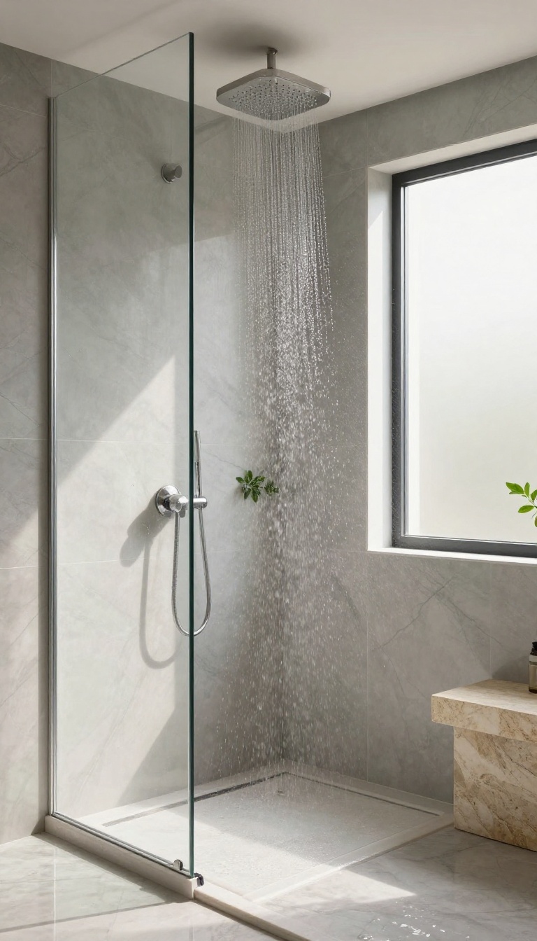 Luxurious walk-in shower with a ceiling-mounted rainfall showerhead, marble tiles, and natural light creating a spa-like atmosphere.
