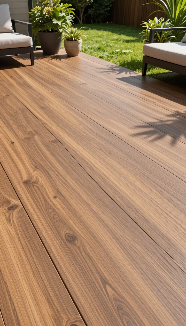 Modern patio with stamped concrete that looks like wood planks, surrounded by greenery and contemporary furniture
