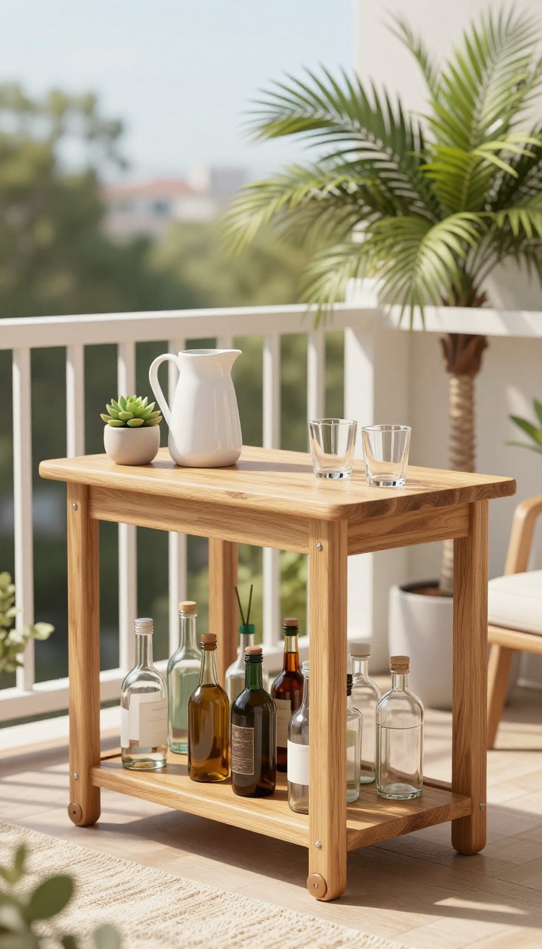 Outdoor bar cart styled with drinks and plants on an apartment patio