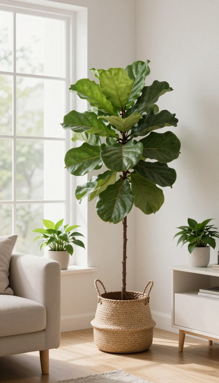 Living room corner with fiddle-leaf fig and other plants in a bright, airy space