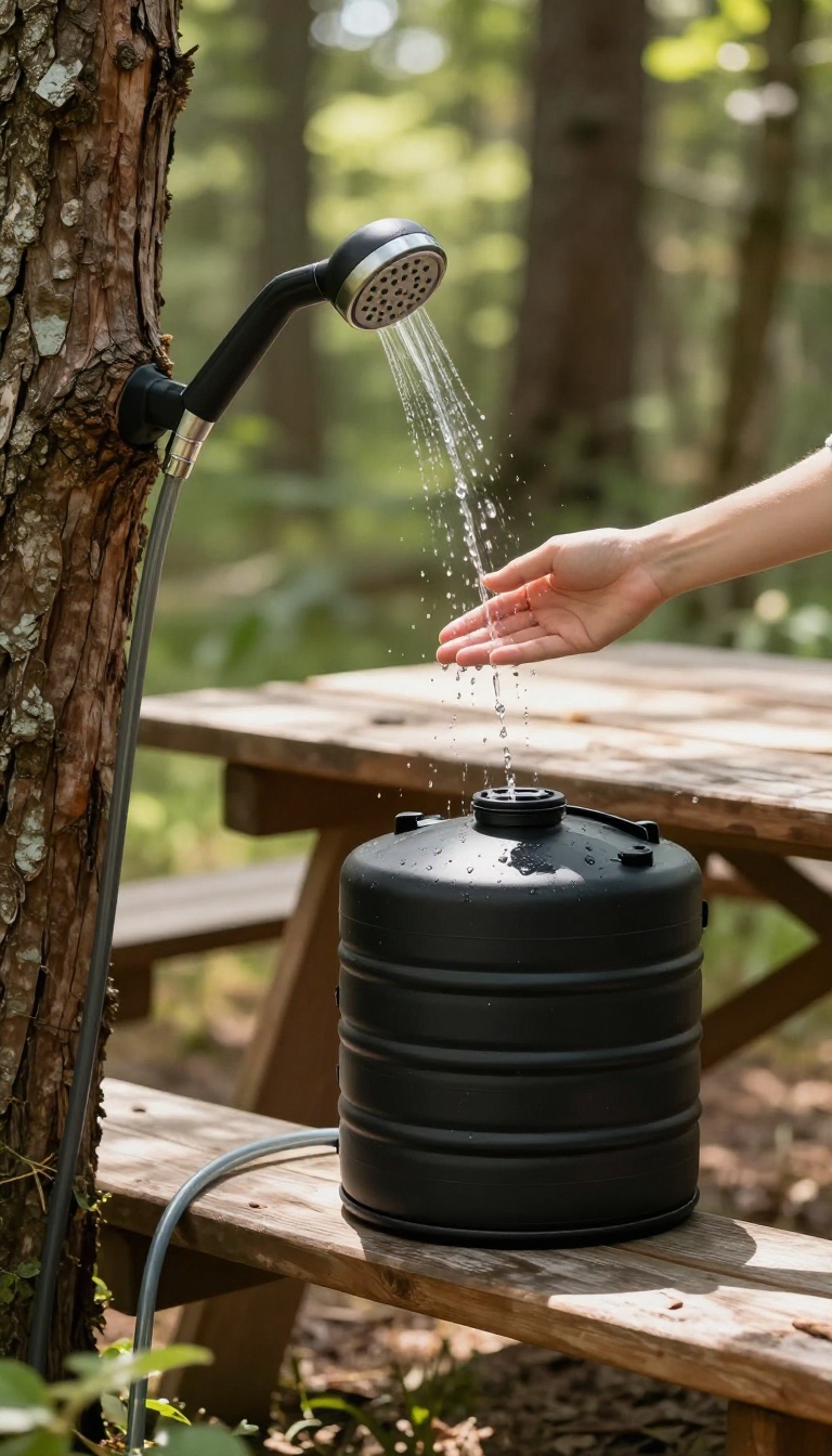 Solar heated shower setup at a campsite with a black water tank and hose