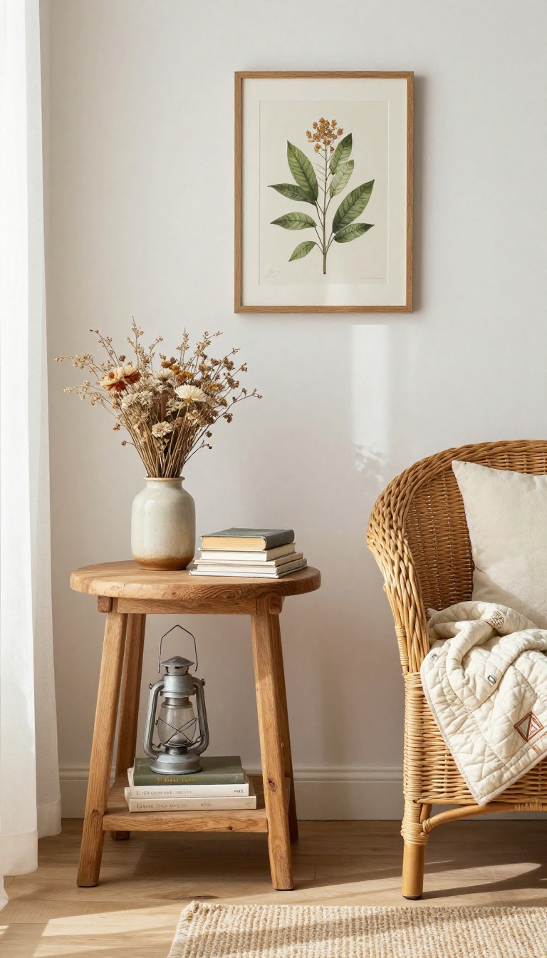 A cozy patio corner with personal decor items like a vintage lantern, ceramic vase, books, and a quilt, creating a warm and inviting atmosphere.
