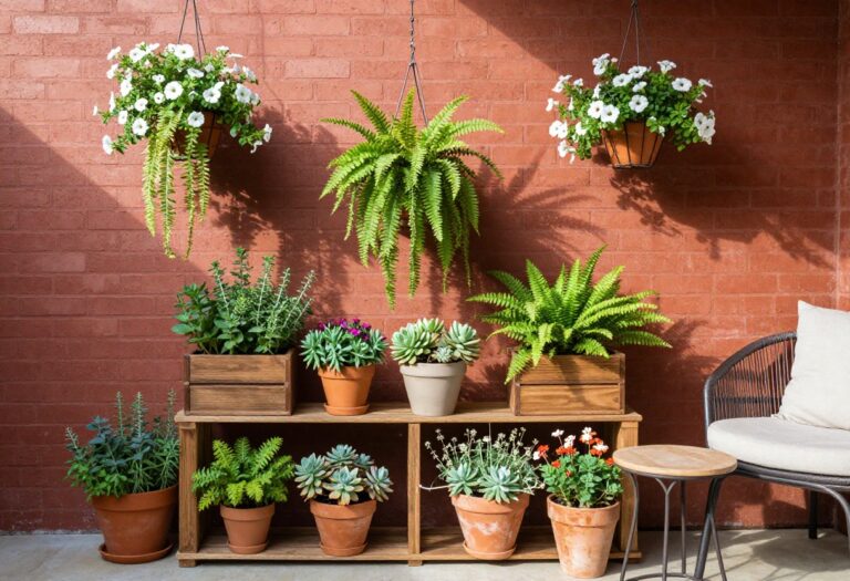 Small patio garden with vertical planters and lush greenery